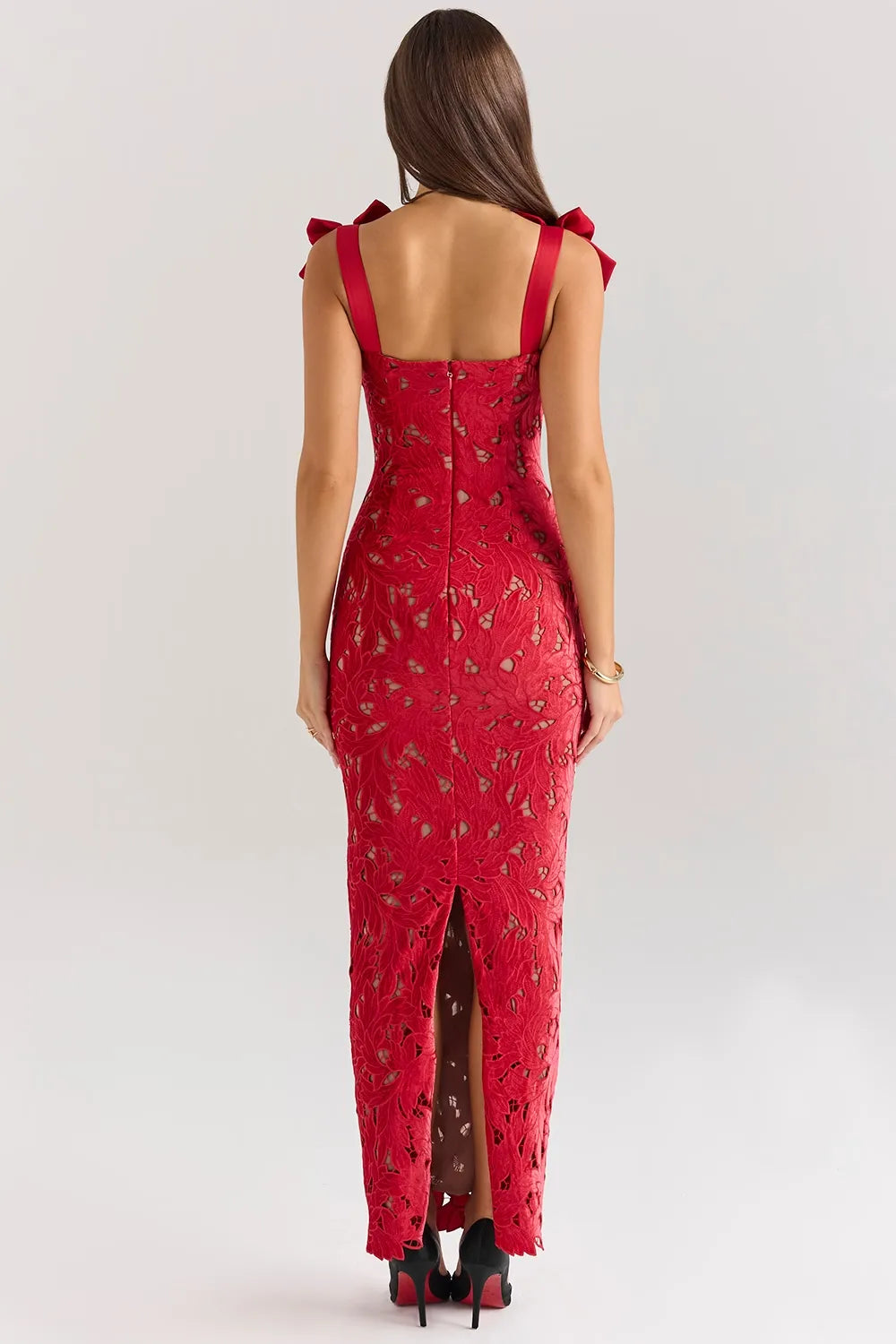 Red Lace Maxi Dress with Velvet Bow Straps