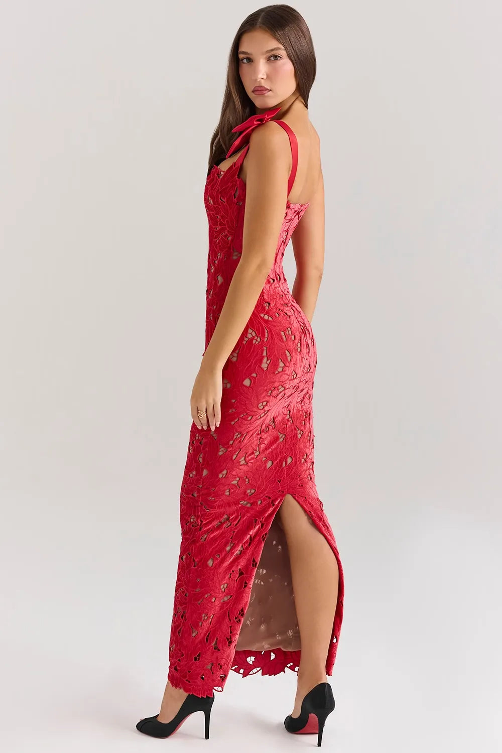 Red Lace Maxi Dress with Velvet Bow Straps