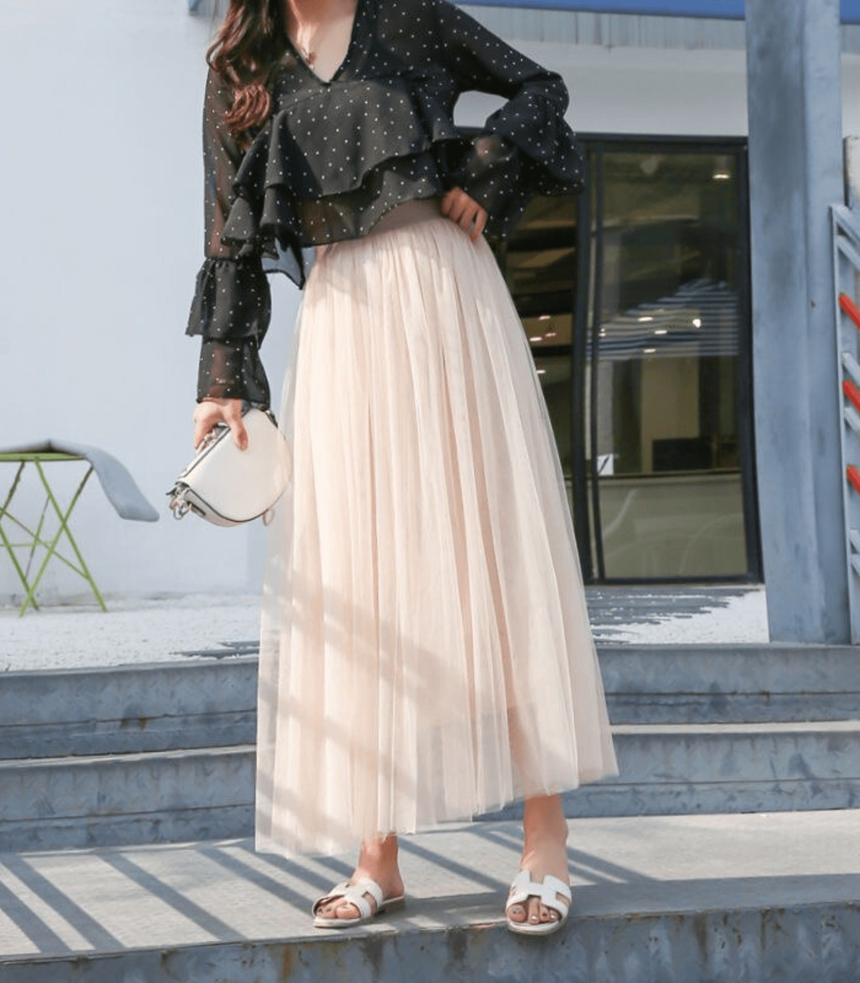Women's Pleated Tulle Maxi Skirt with High Waist