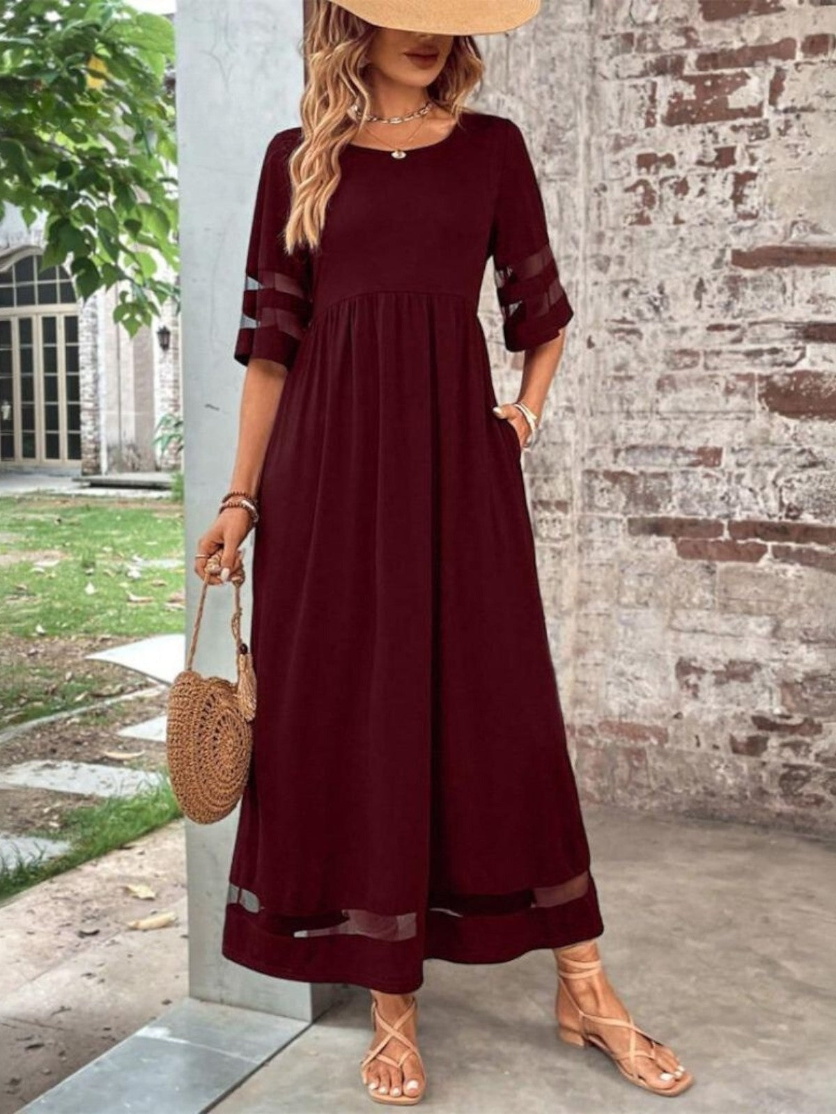 Women's Empire Waist Maxi Dress with Mesh Detail