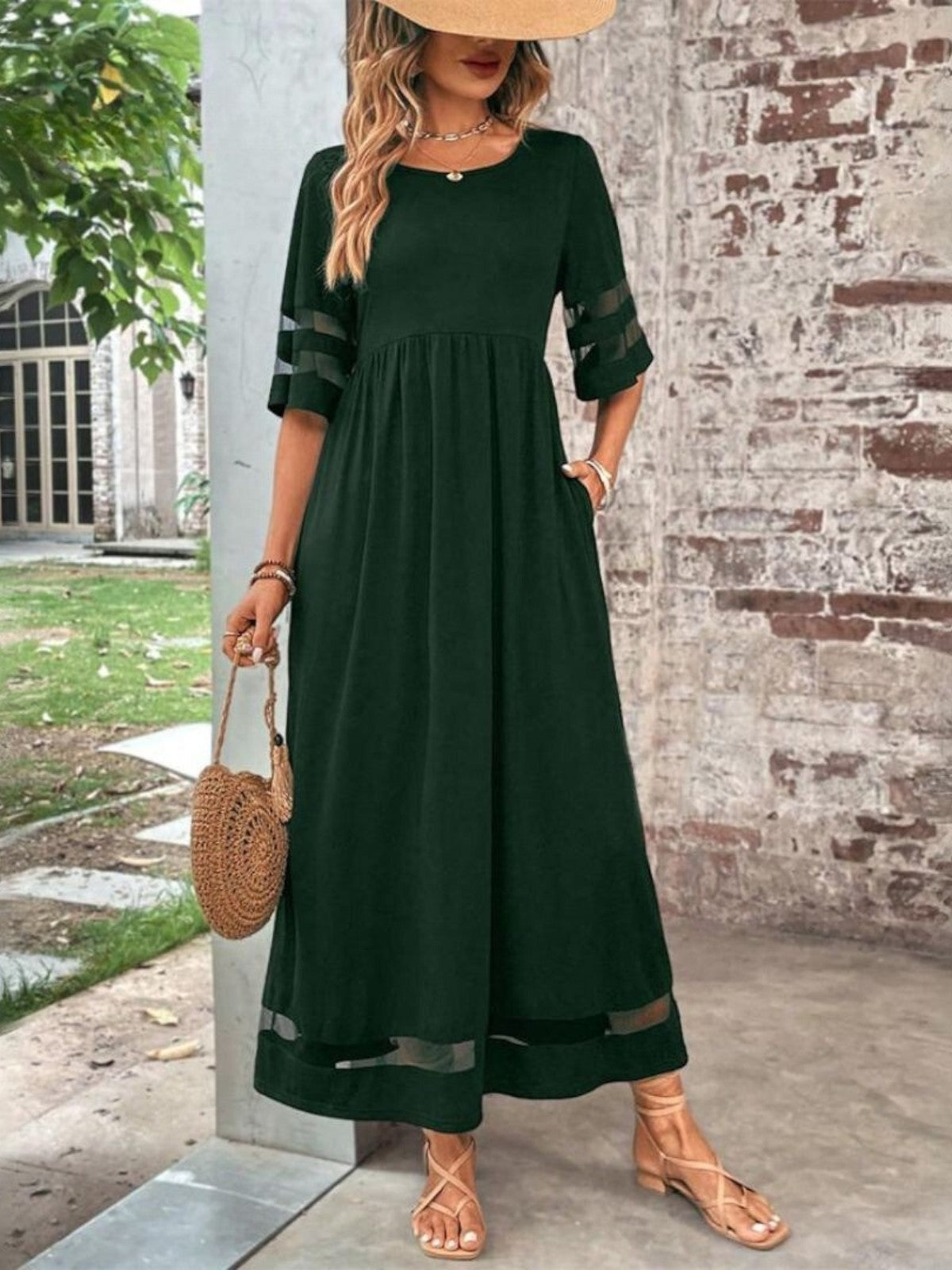 Women's Empire Waist Maxi Dress with Mesh Detail