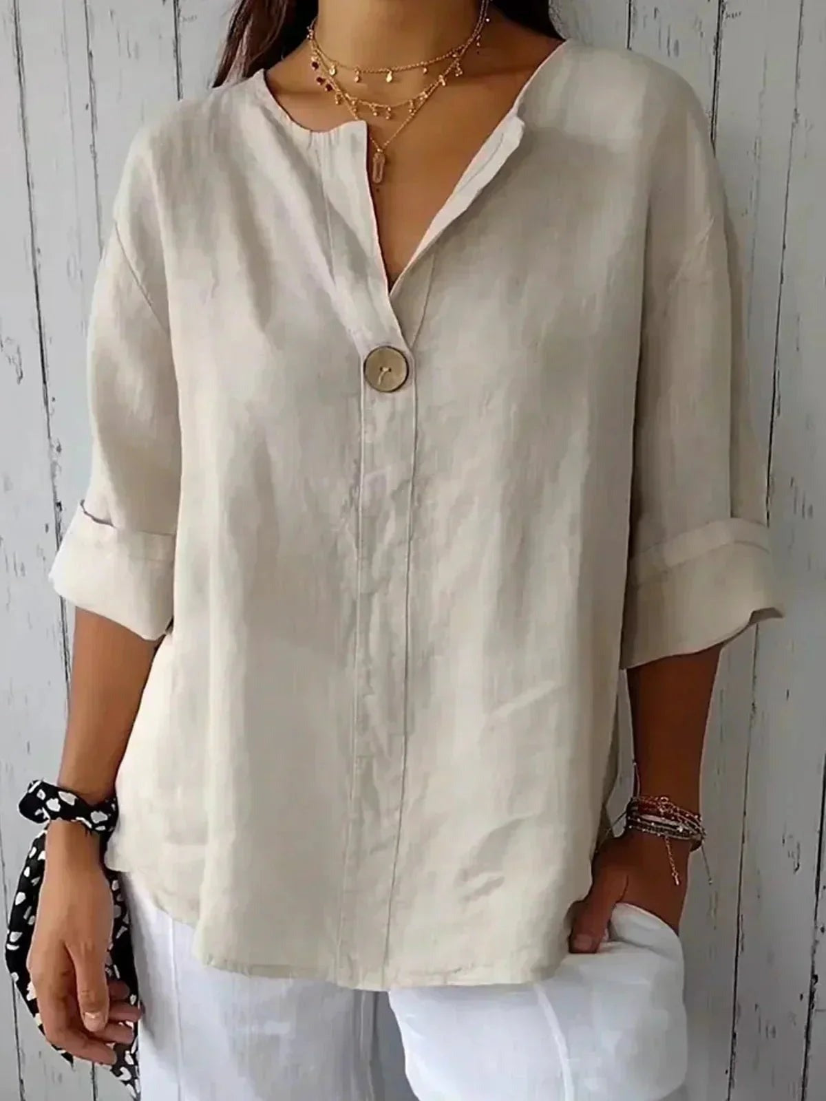 Women's Casual Linen Blouse with V-Neck