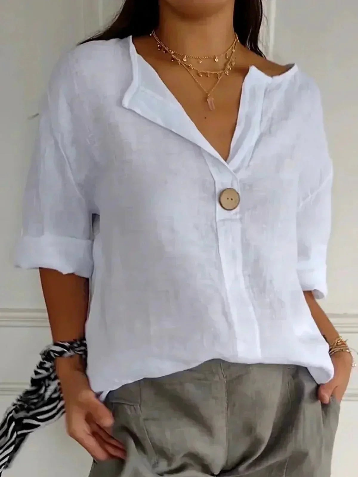 Women's Casual Linen Blouse with V-Neck