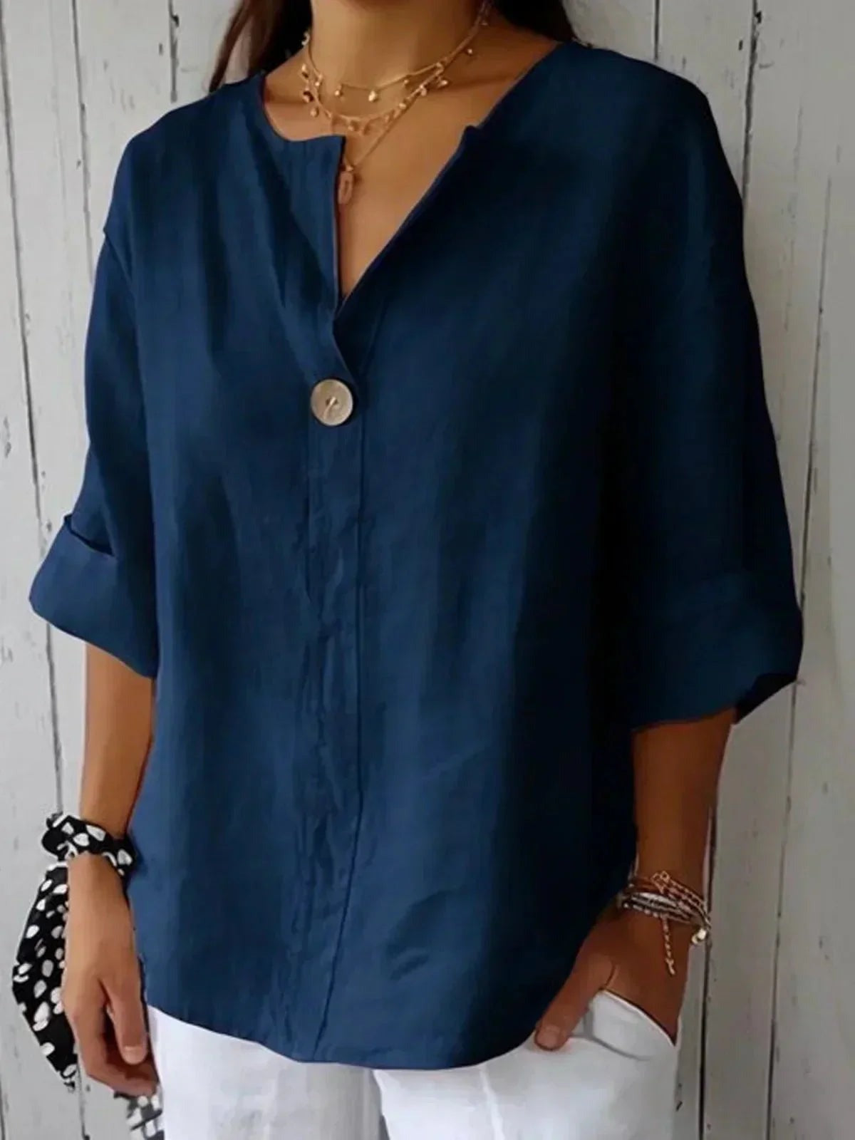 Women's Casual Linen Blouse with V-Neck