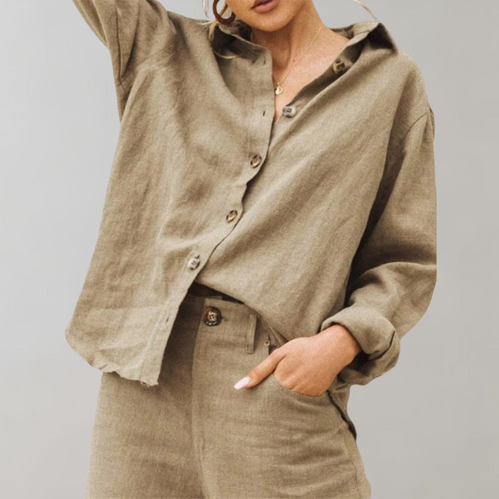 Women's Vintage Linen Blouse with Button Front