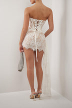 White Corset Mini Dress – Lace Fabric – Structured Bodice – Draped Detail – Women’s Evening Style