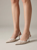 Women's Embroidered Mesh Kitten Heels with Slingback Strap