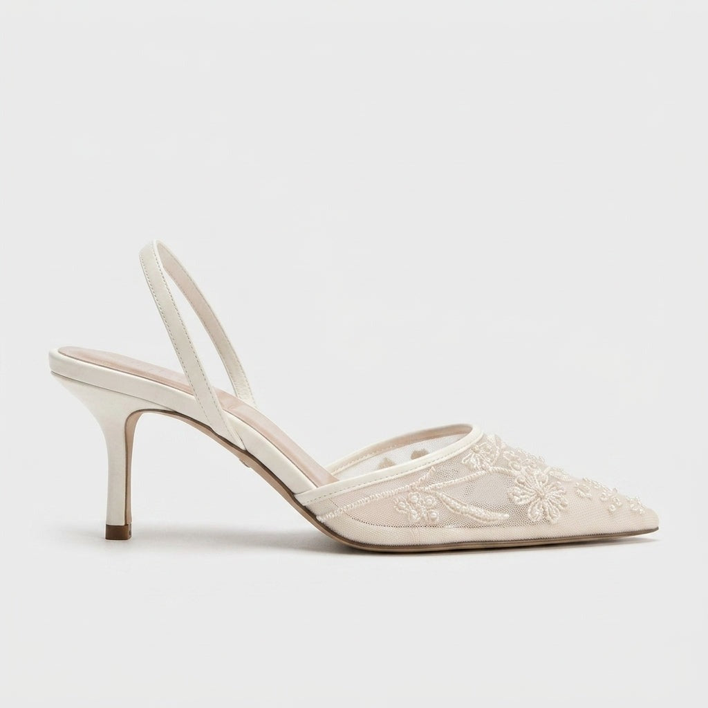 Women's Embroidered Mesh Kitten Heels with Slingback Strap