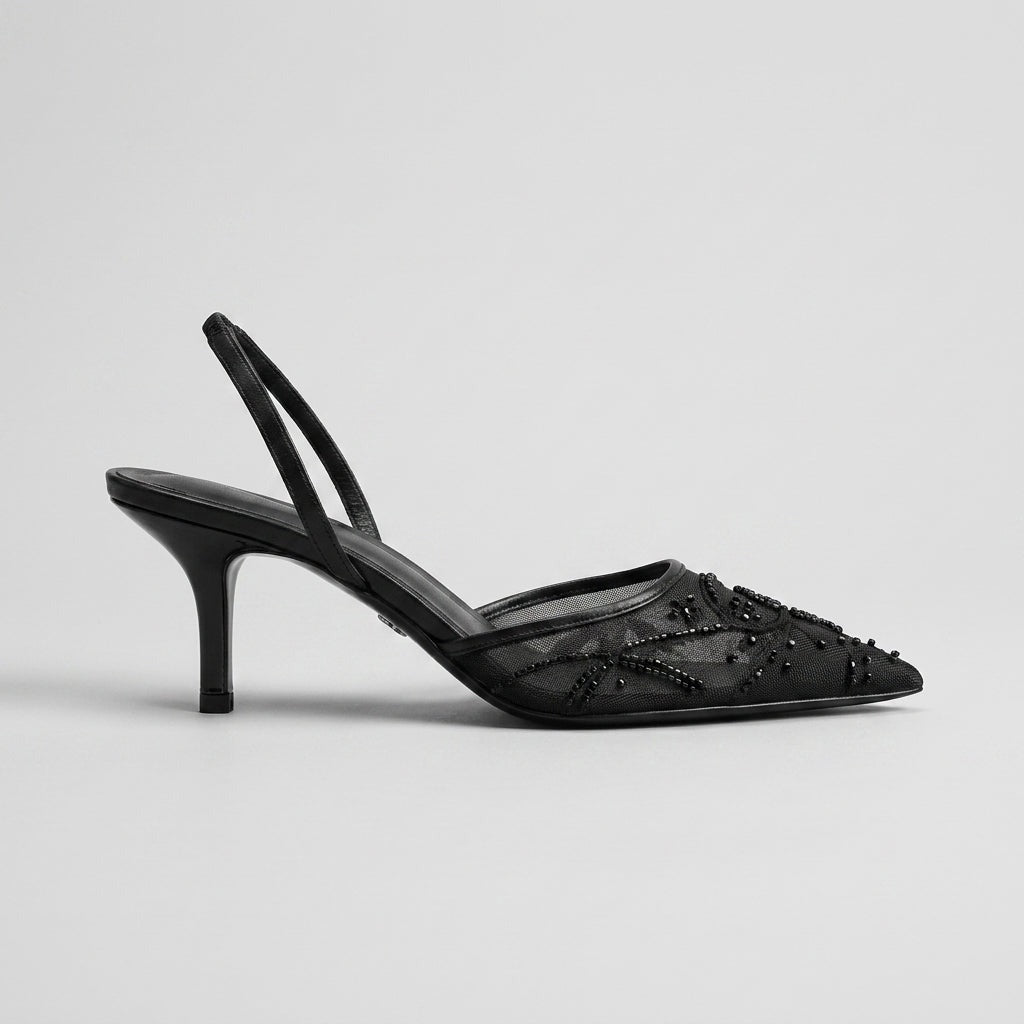 Women's Embroidered Mesh Kitten Heels with Slingback Strap