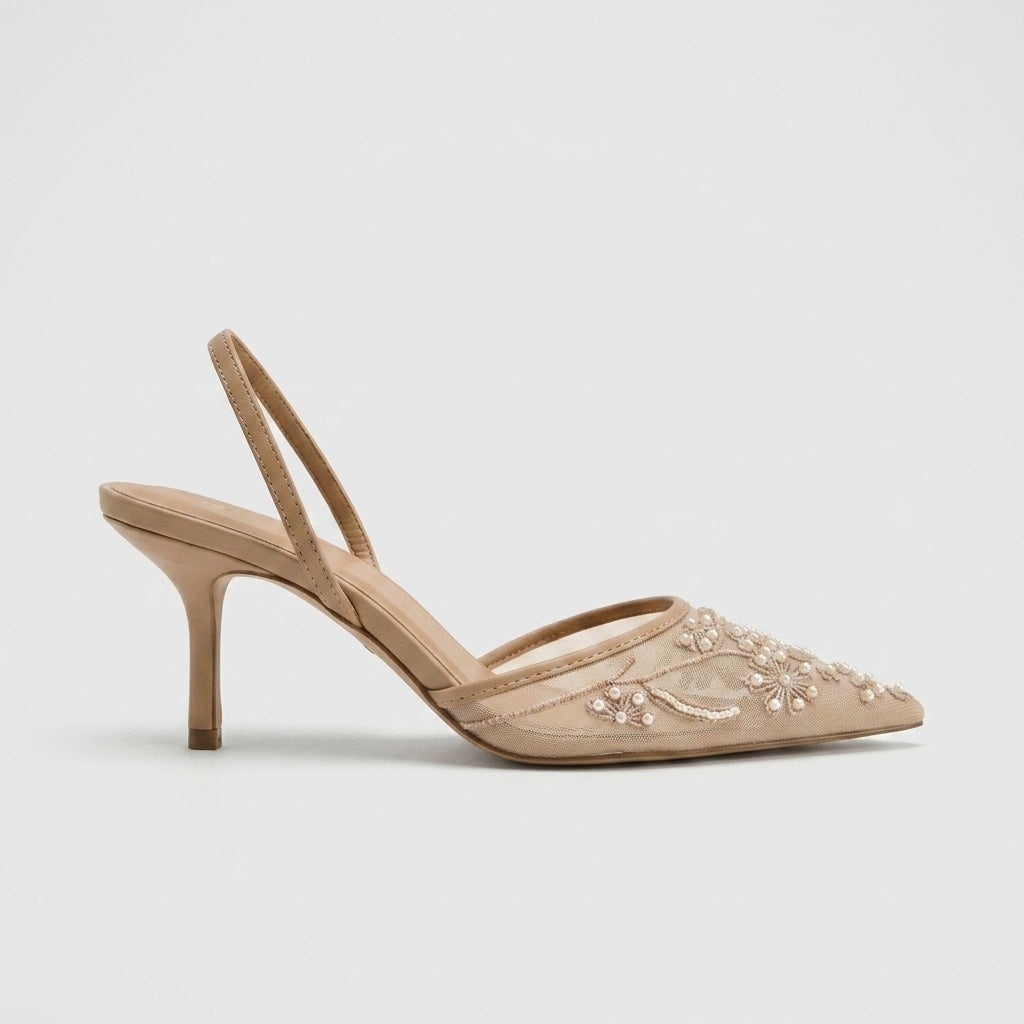 Women's Embroidered Mesh Kitten Heels with Slingback Strap