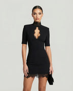 Women's Bodycon Lace Mini Dress with High Collar