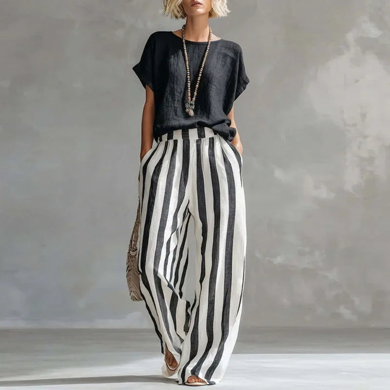 Women's Linen Two-Piece Set with Wide-Leg Trousers