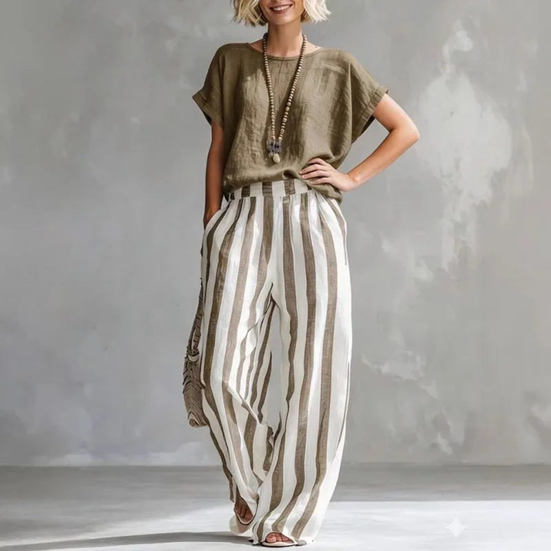 Women's Linen Two-Piece Set with Wide-Leg Trousers