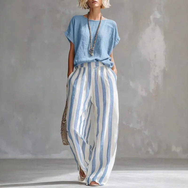 Women's Linen Two-Piece Set with Wide-Leg Trousers