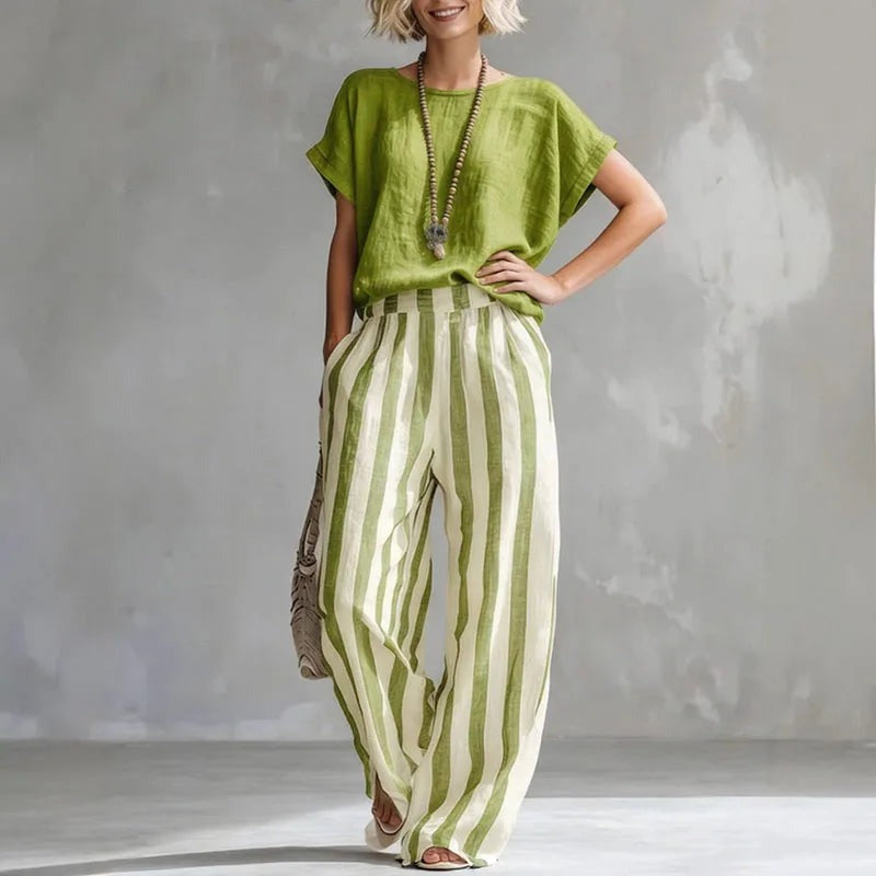 Women's Linen Two-Piece Set with Wide-Leg Trousers