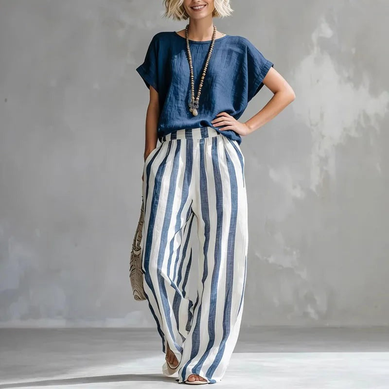 Women's Linen Two-Piece Set with Wide-Leg Trousers