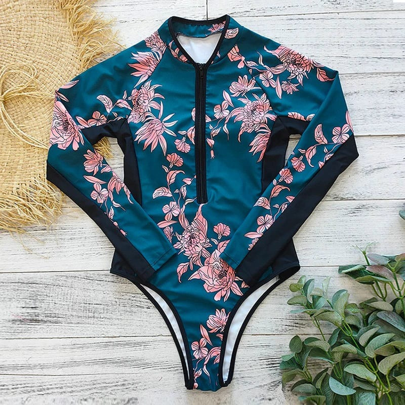 Women's Long-Sleeve One-Piece Swimwear with Front Zip