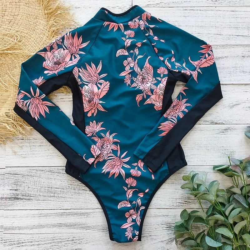 Women's Long-Sleeve One-Piece Swimwear with Front Zip