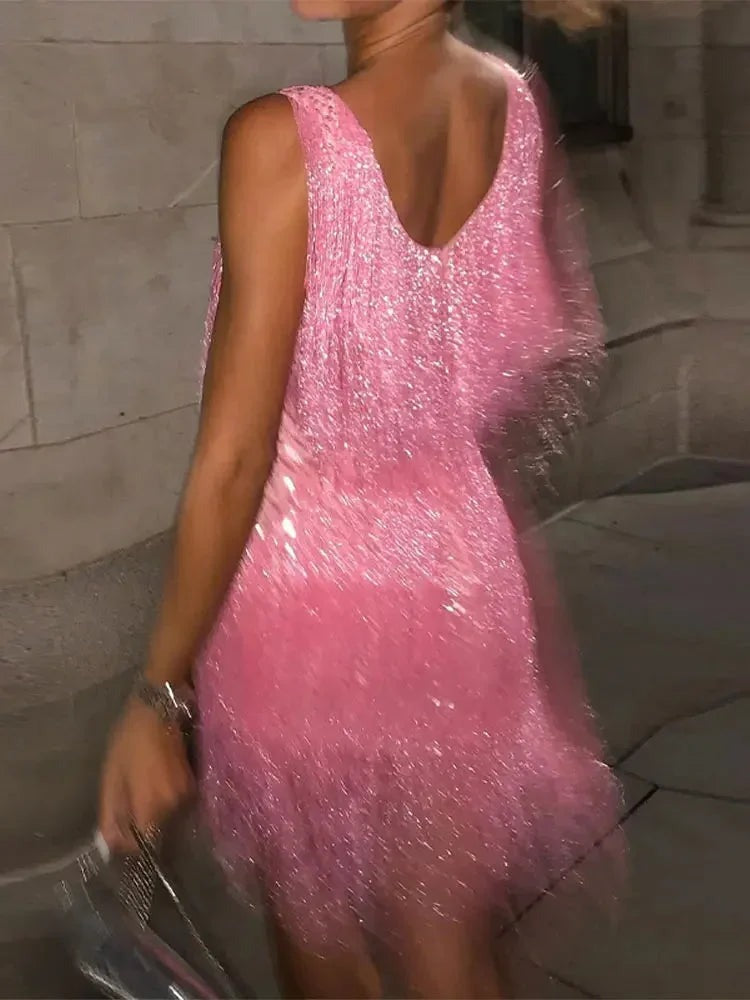 Women's Satin Mini Dress with Fringe Detail