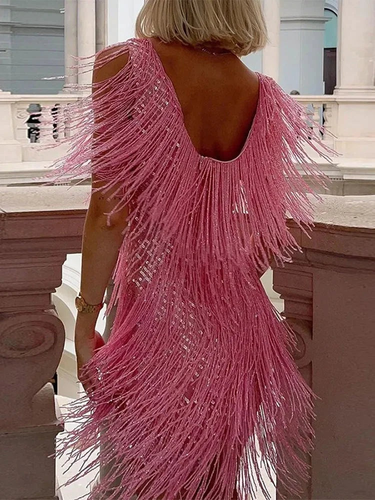 Women's Satin Mini Dress with Fringe Detail