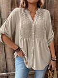 Women's V-Neck Button Blouse with Roll-Up Sleeves