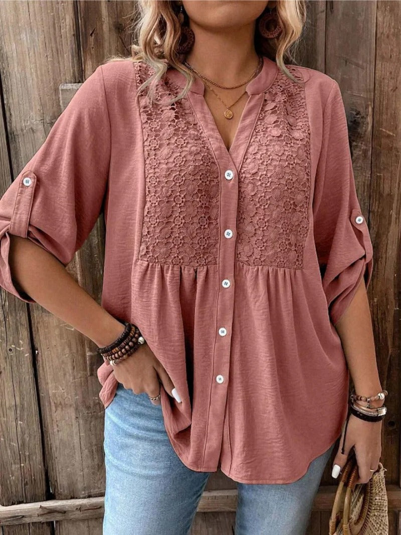 Women's V-Neck Button Blouse with Roll-Up Sleeves