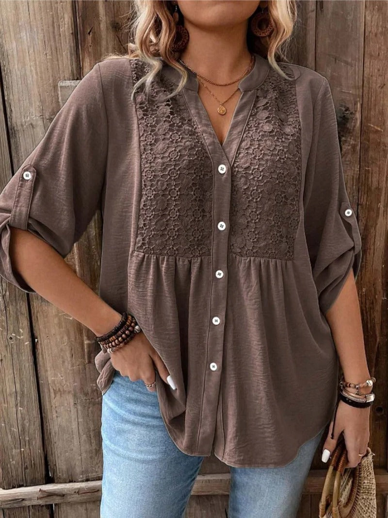 Women's V-Neck Button Blouse with Roll-Up Sleeves