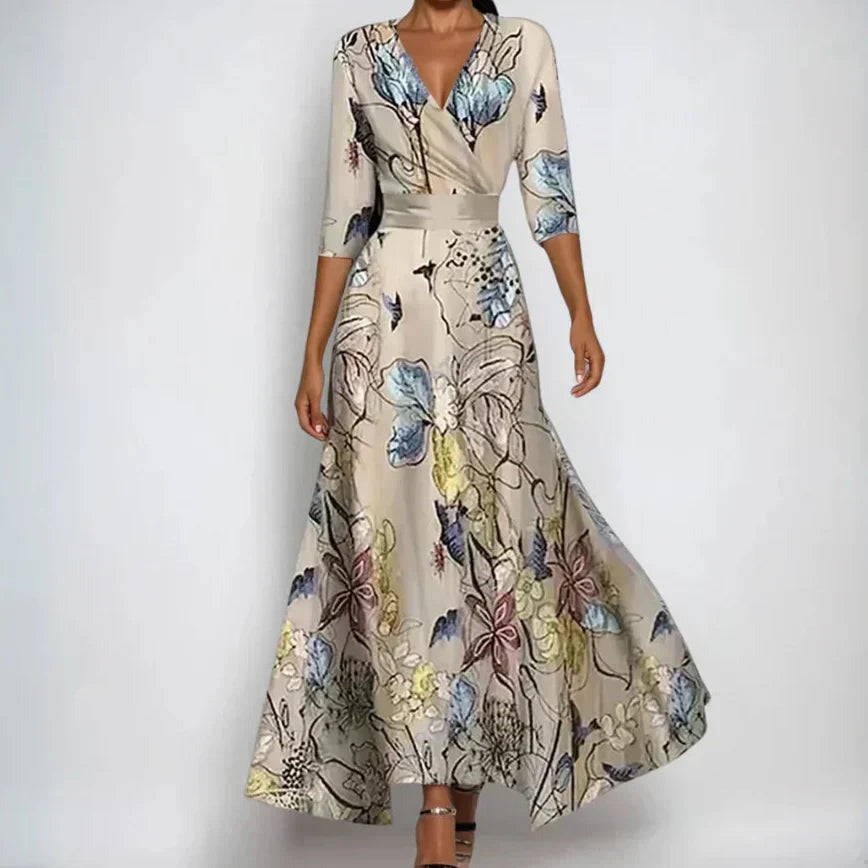 Women's Wrap Midi Dress with Three-Quarter Sleeves
