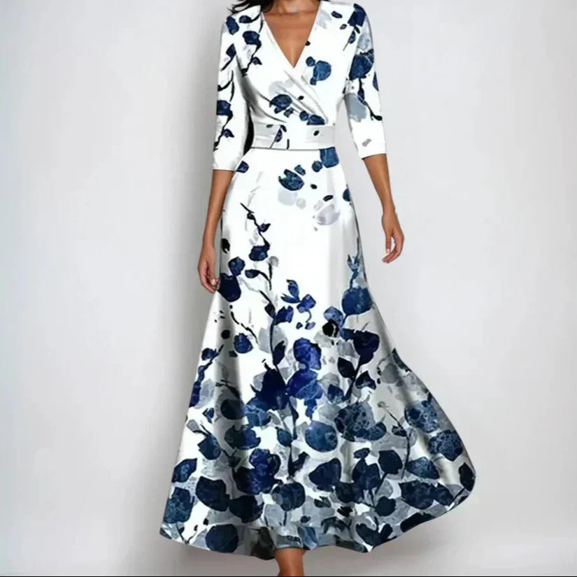 Women's Wrap Midi Dress with Three-Quarter Sleeves