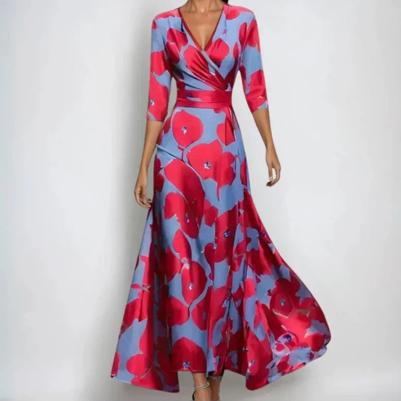 Women's Wrap Midi Dress with Three-Quarter Sleeves