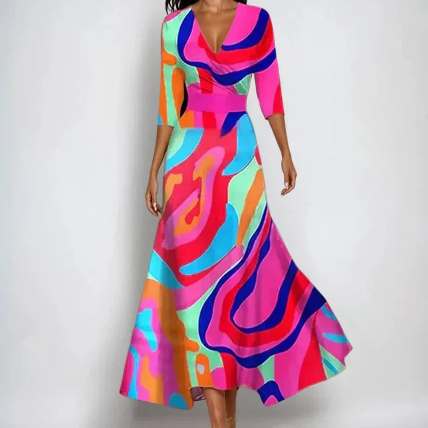 Women's Wrap Midi Dress with Three-Quarter Sleeves