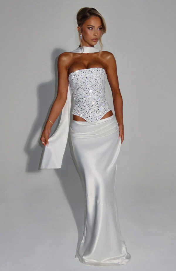 White Strapless Corset Top with Rhinestone Detail