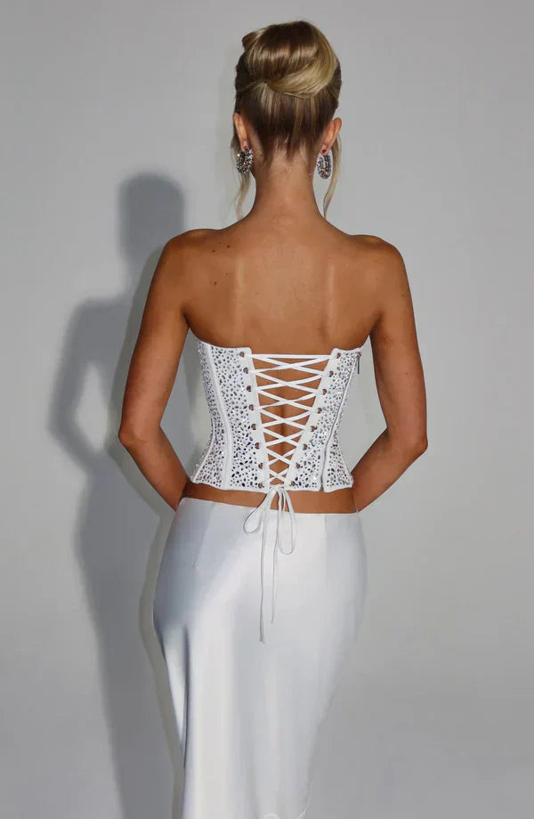 White Strapless Corset Top with Rhinestone Detail