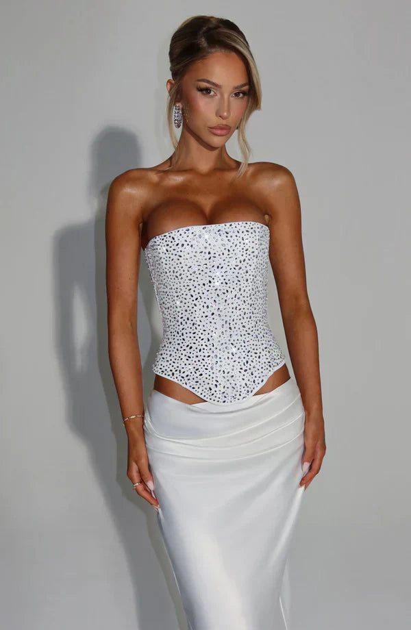 White Strapless Corset Top with Rhinestone Detail